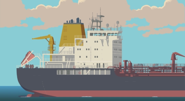 Illustration of a large tanker, tying into the article about attacks on tankers and the risks of dependence on foreign oil.