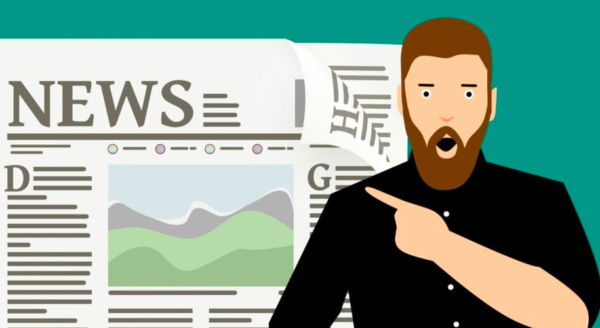 An illustrated man looking surprised and pointing to a newspaper.